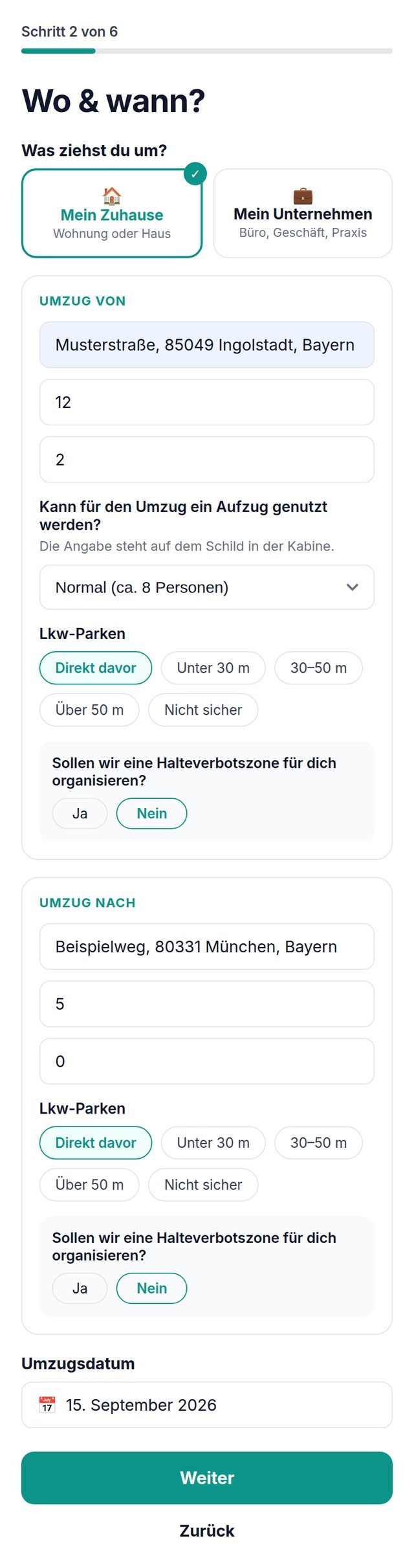 Schritt 2: Adressen, Etage, Aufzug, Parksituation